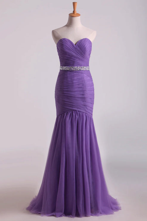 Luolandi Mermaid Sweetheart Floor Length Party Dresses With Ruffles And Beading Tulle Off Shoulder Evening Dress