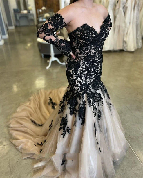 Luolandi Mermaid Black Champagne Wedding Dresses Lace Strapless Sweep Train Off Shoulder