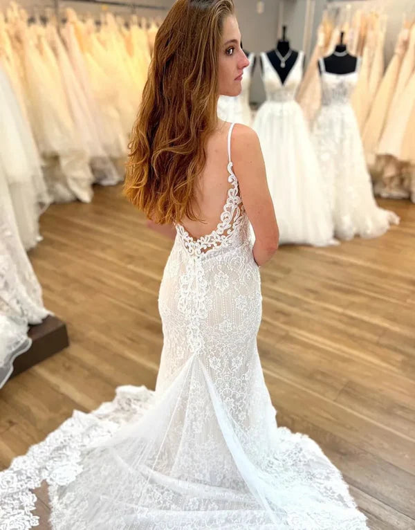 Luolandi Mermaid Deep V-Neck Spaghetti Straps Open Back Wedding Dress With Appliques Beautiful