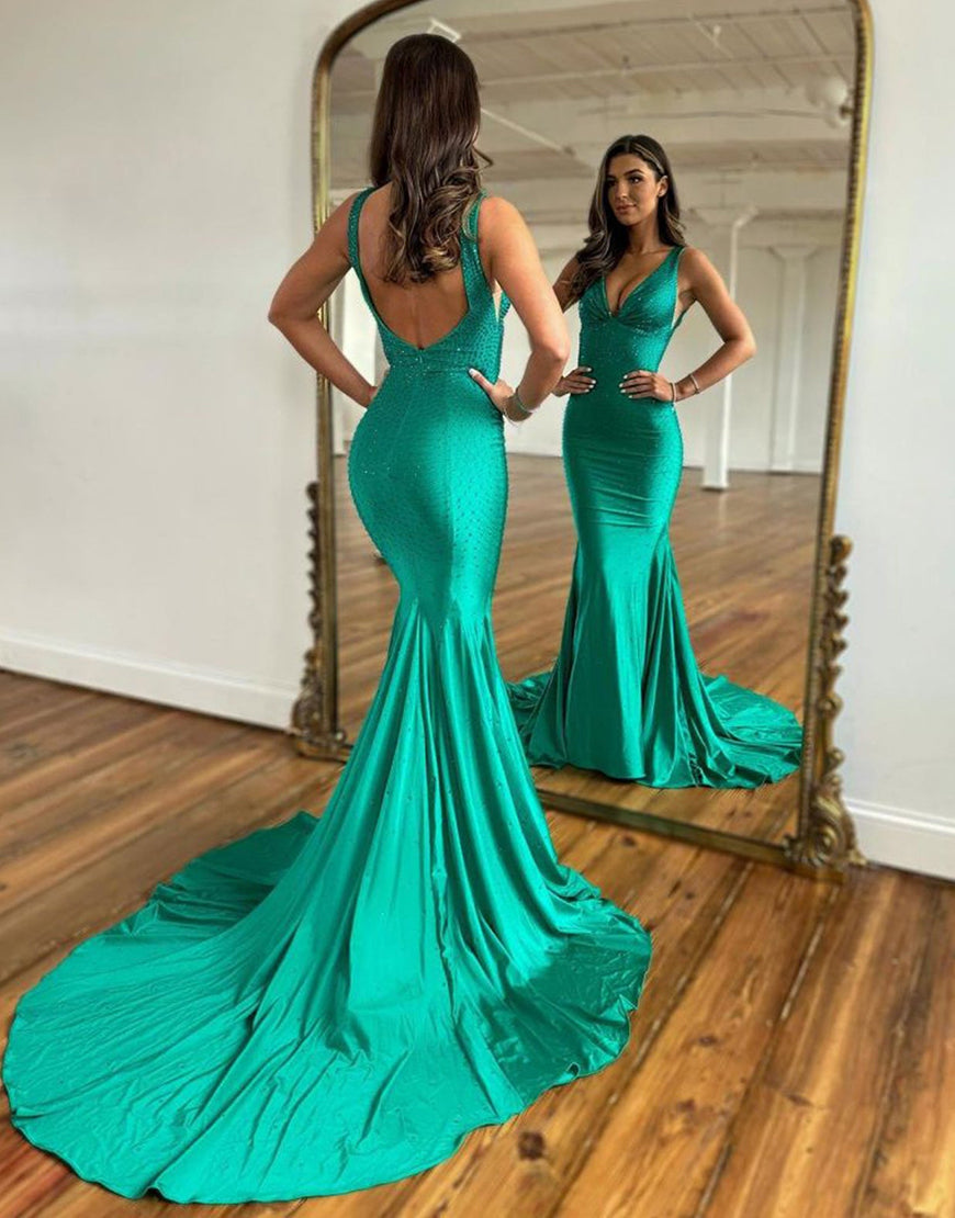 Luolandi Mermaid Backless Beaded Long Prom Dress V-neck Sexy Evening Dresses