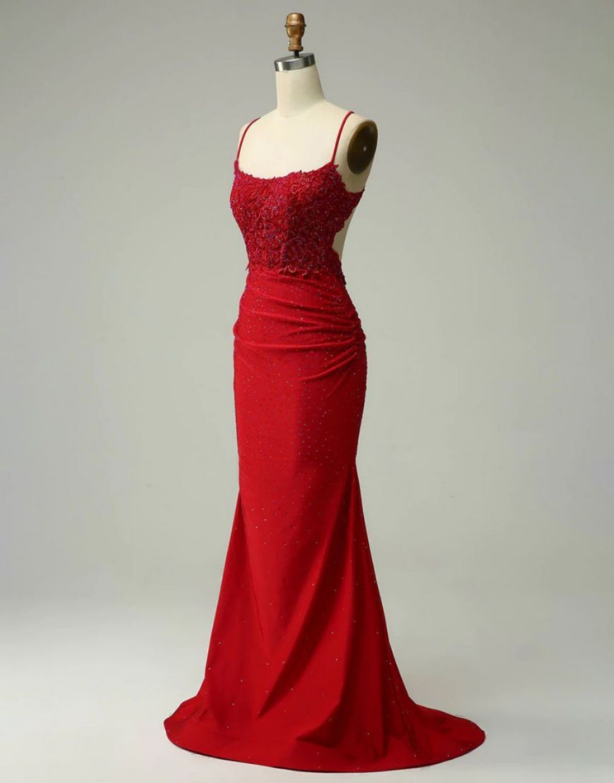 Luolandi Mermaid Satin Spaghetti Straps Prom Dress Sexy Evening Dress