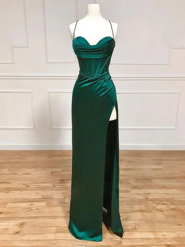 Luolandi Mermaid Spaghetti Straps Satin Long Prom Dress With Side Slit Charming Evening Party Dress