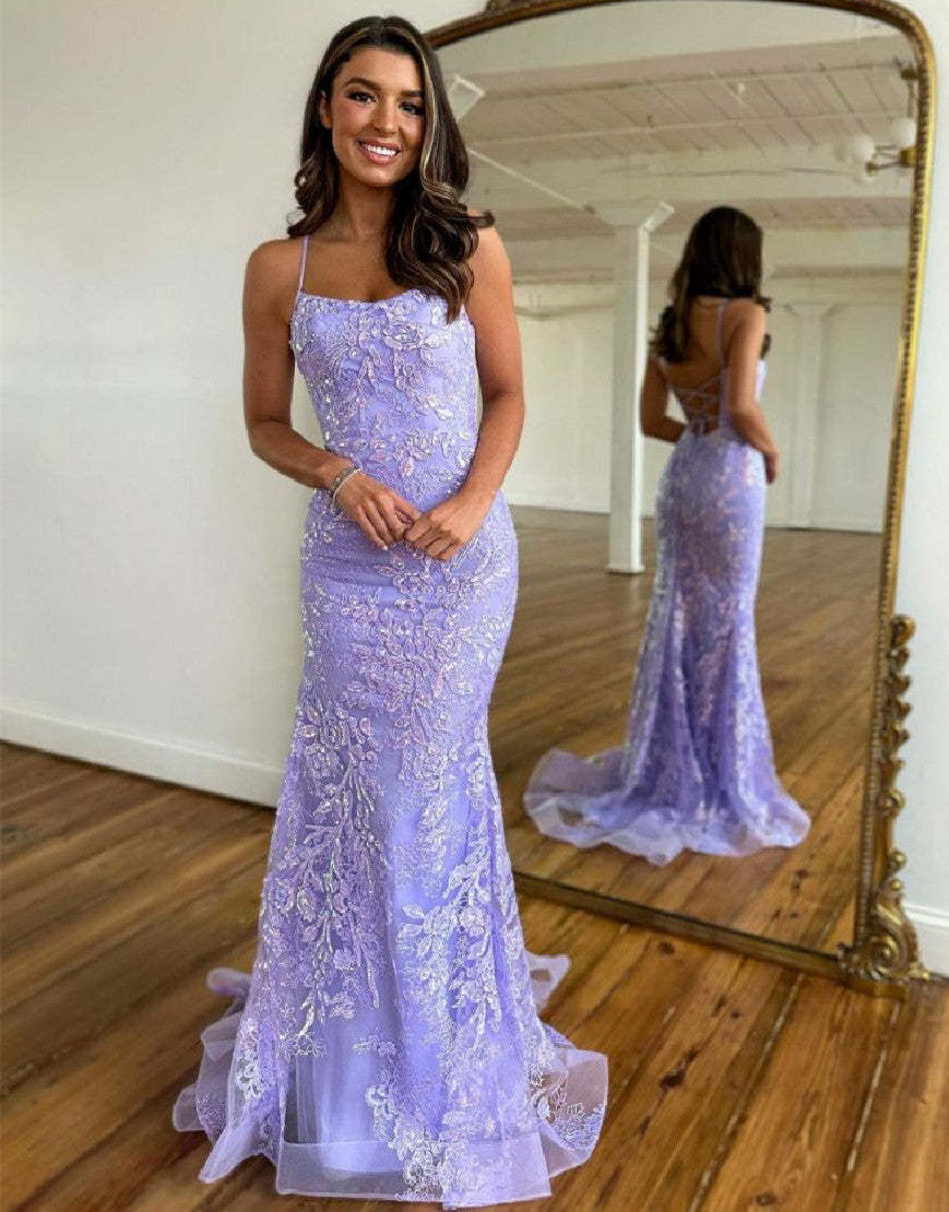 Luolandi Mermaid Spaghetti Straps Corset Back Lilac Long Prom Dress Charming Evening Dress