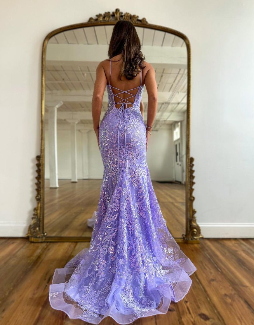 Luolandi Mermaid Spaghetti Straps Corset Back Lilac Long Prom Dress Charming Evening Dress