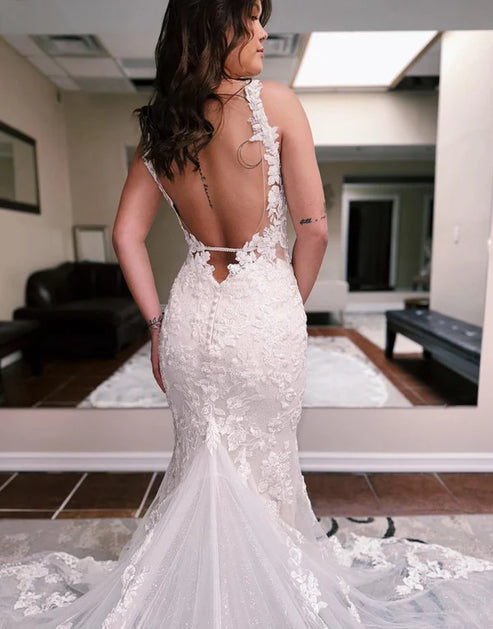 Luolandi Mermaid Spaghetti Straps Backless Sweep Train Wedding Dress Open Back Beautiful