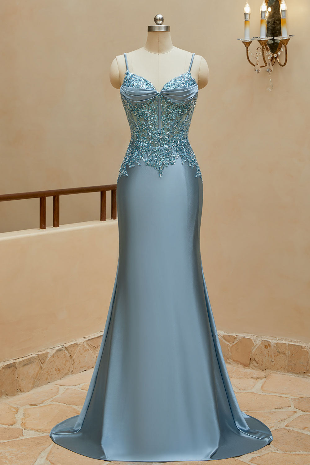 Luolandi Mermaid Spaghetti Straps Prom Dresses Satin & Lace Sweep Train Evening Dresses