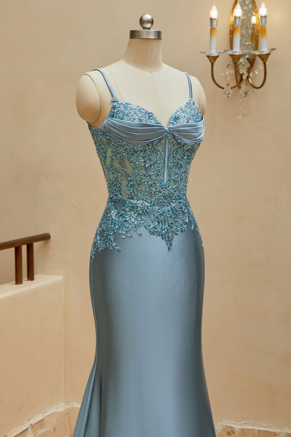 Luolandi Mermaid Spaghetti Straps Prom Dresses Satin & Lace Sweep Train Evening Dresses