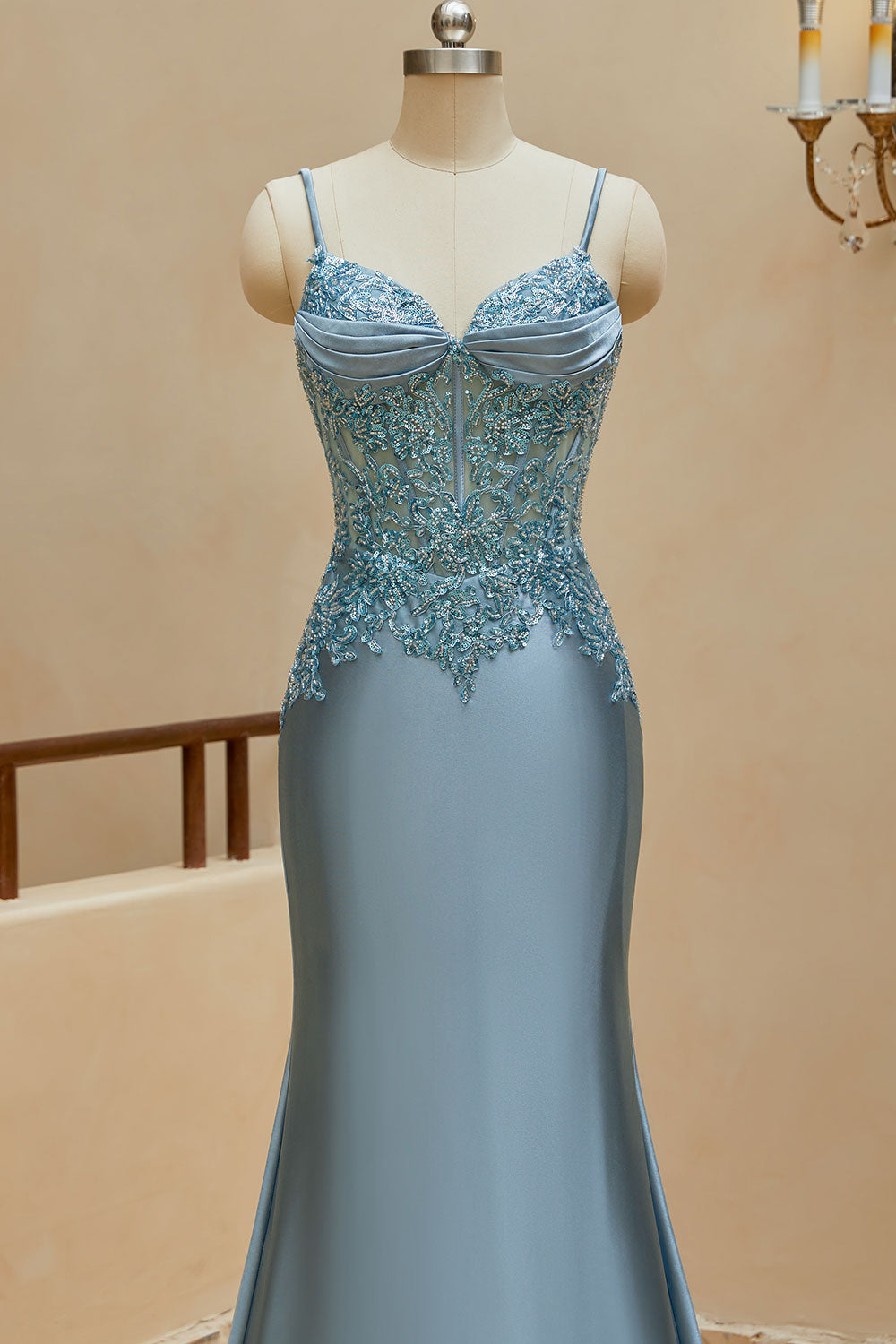 Luolandi Mermaid Spaghetti Straps Prom Dresses Satin & Lace Sweep Train Evening Dresses