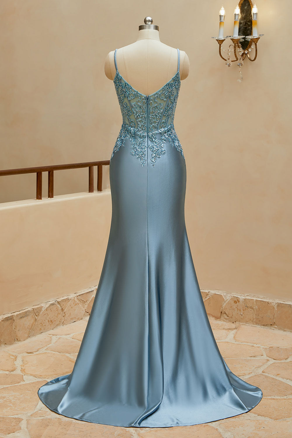 Luolandi Mermaid Spaghetti Straps Prom Dresses Satin & Lace Sweep Train Evening Dresses