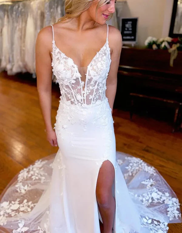 Luolandi Mermaid Spaghetti Straps Long Wedding Dress With Split Sexy Bridal Gown