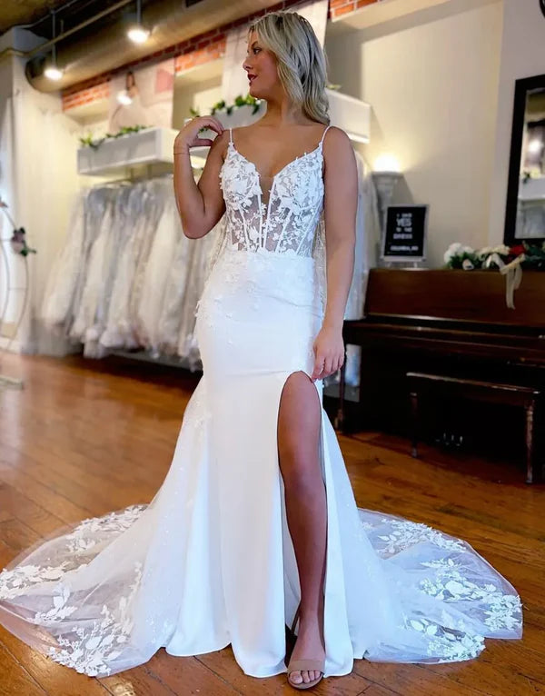 Luolandi Mermaid Spaghetti Straps Long Wedding Dress With Split Sexy Bridal Gown