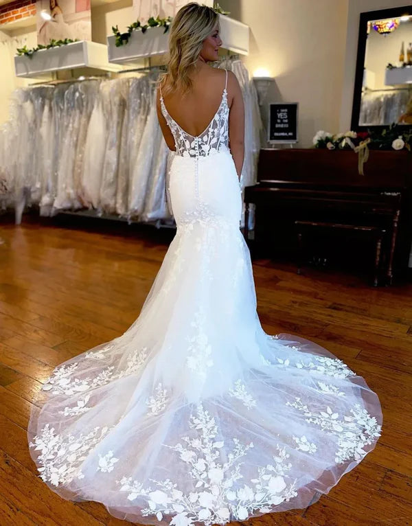 Luolandi Mermaid Spaghetti Straps Long Wedding Dress With Split Sexy Bridal Gown