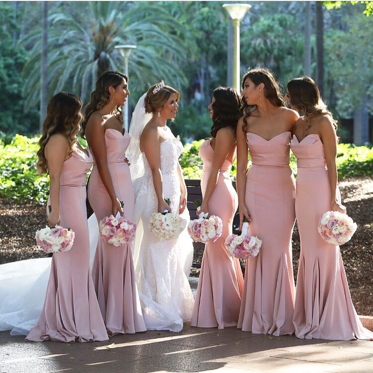 Luolandi Mermaid Strapless Blush Pink Satin Bridesmaid Dresses Long Elegant Party Dresses