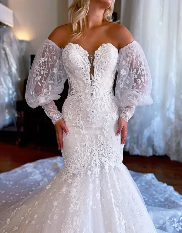 Luolandi Mermaid Sweetheart Court Train Wedding Dress With Detachable Sleeves Beautiful