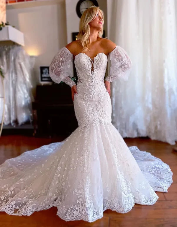 Luolandi Mermaid Sweetheart Court Train Wedding Dress With Detachable Sleeves Beautiful