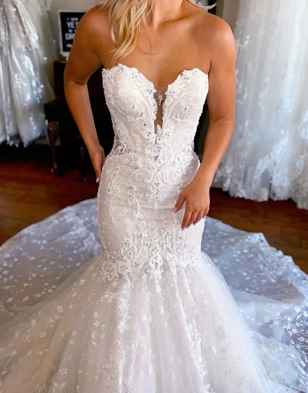 Luolandi Mermaid Sweetheart Court Train Wedding Dress With Detachable Sleeves Beautiful
