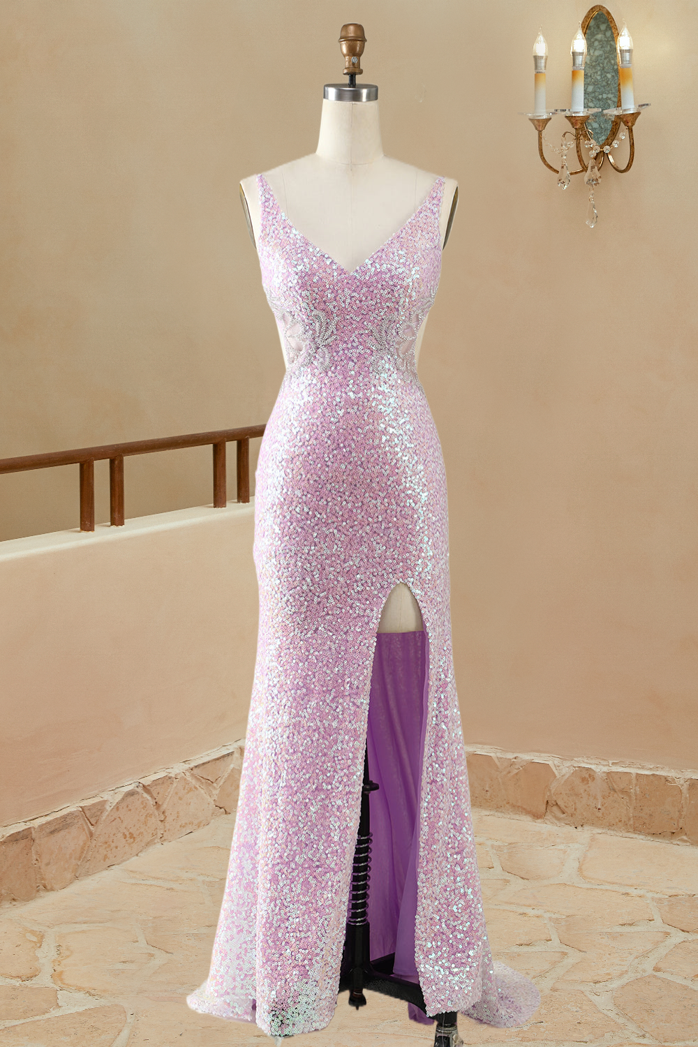 Luolandi Mermaid/Trumpet V Neck Sleeveless Floor-Length Lilac Sequin Prom Dresses Sparkly Evening Dresses