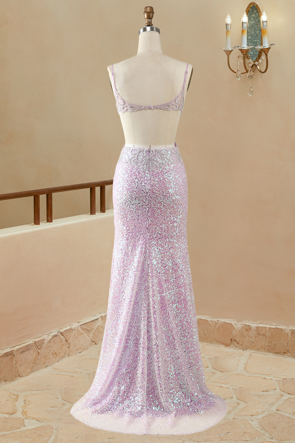 Luolandi Mermaid/Trumpet V Neck Sleeveless Floor-Length Lilac Sequin Prom Dresses Sparkly Evening Dresses