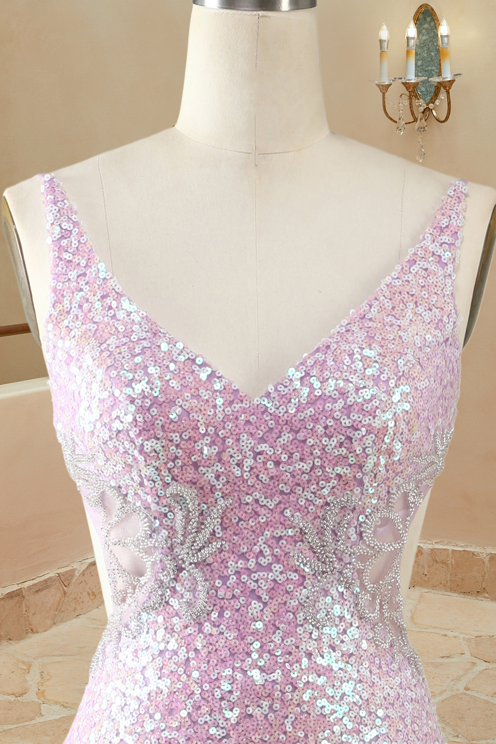 Luolandi Mermaid/Trumpet V Neck Sleeveless Floor-Length Lilac Sequin Prom Dresses Sparkly Evening Dresses