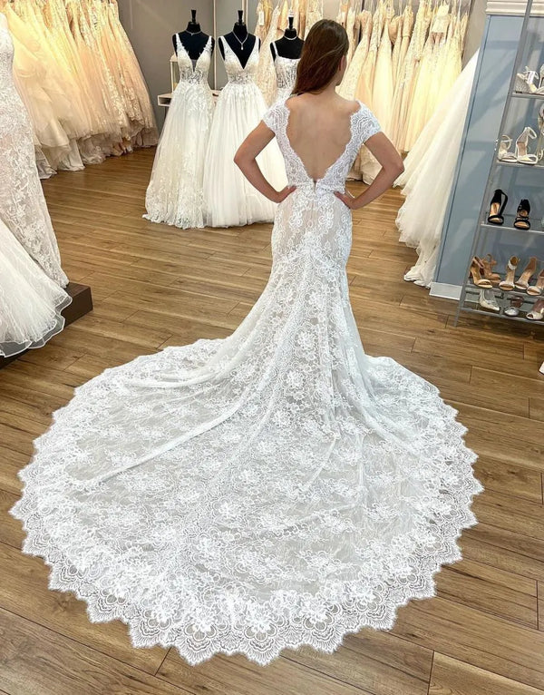 Luolandi Mermaid V-Neck Cap Sleeves Open Back Chapel Train Lace Wedding Dress Beautiful