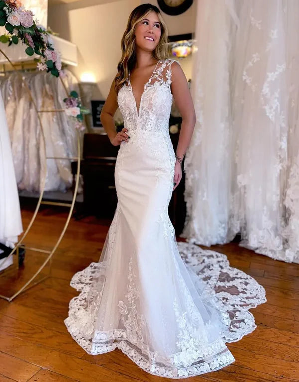 Luolandi Mermaid V-Neck Chapel Train Wedding Dress With Appliques Open Back Sexy