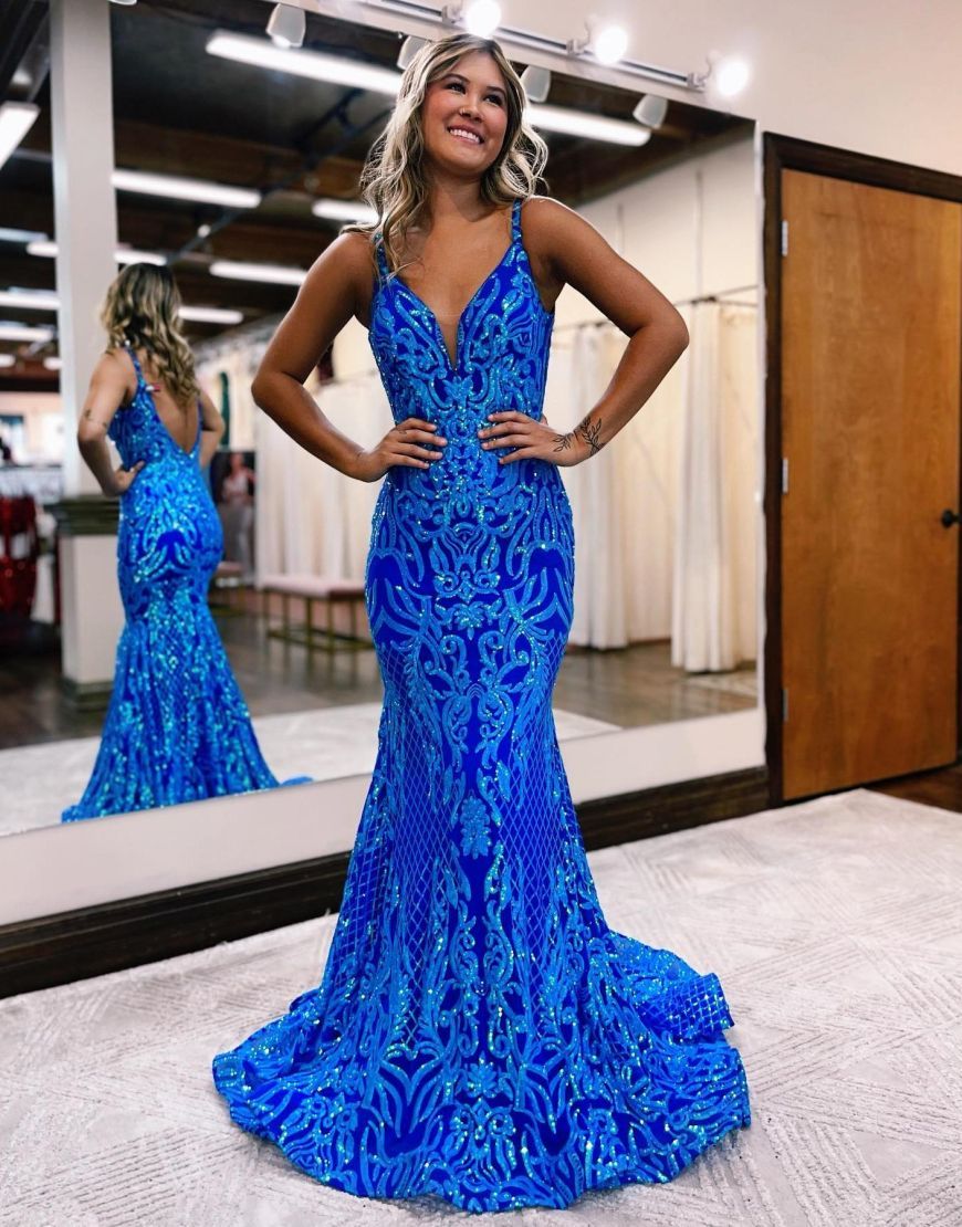 Luolandi Mermaid V-Neck Gorgeous Patterns Royal Blue Prom Dress