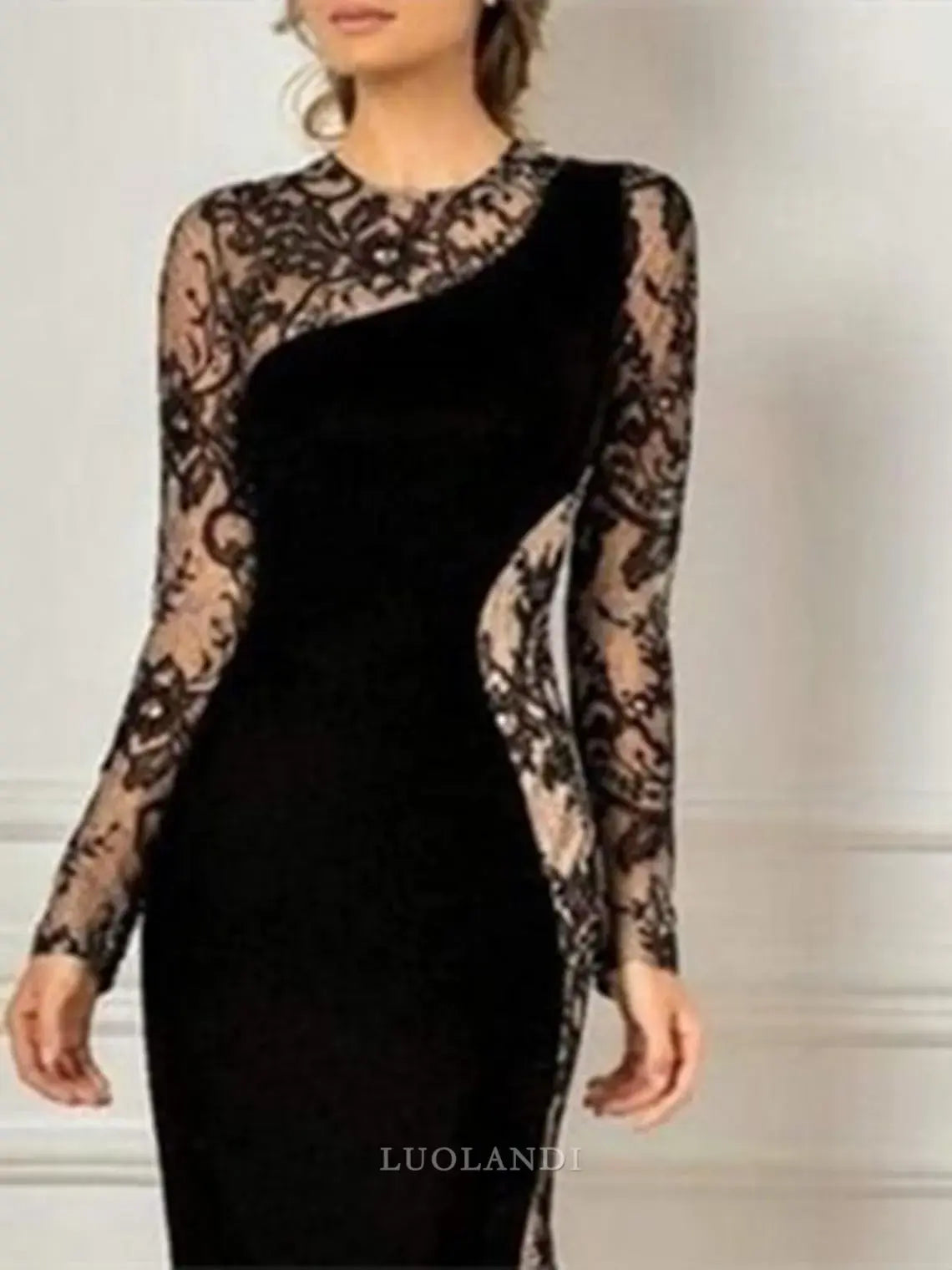 Luolandi Mermaid Long Sleeves Mother of The Bride Dress Elegant Evening Party Dress Jewel Neck Floor Length Wedding Guest Dress