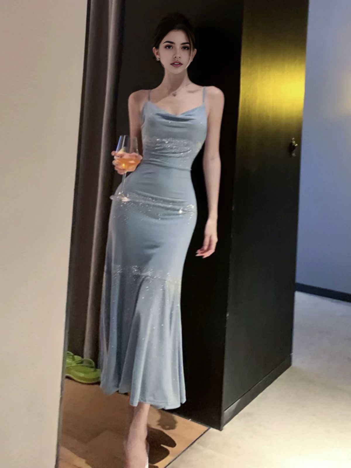 Luolandi Charming Mermaid Spaghetti Straps Sleeveless Prom Dress Elegant Evening Party Dress Shiny Vacation Beach Dress