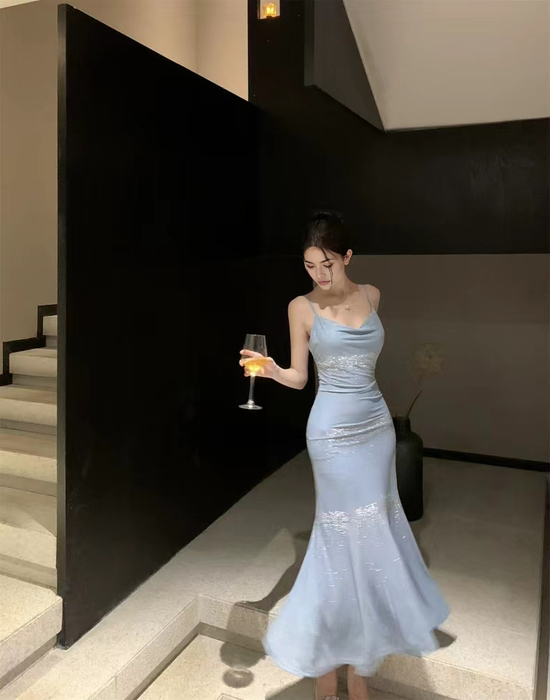 Luolandi Charming Mermaid Spaghetti Straps Sleeveless Prom Dress Elegant Evening Party Dress Shiny Vacation Beach Dress