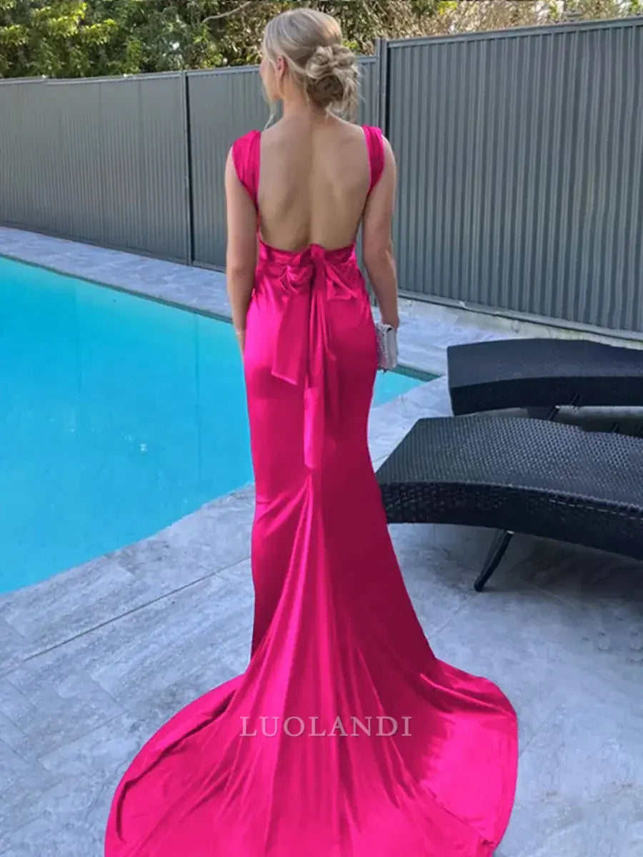 Luolandi Mermaid Straps Sleeveless Satin Long Formal Prom Dress with Train Sexy Evening Gown Elegant Wedding Guest Party Dress