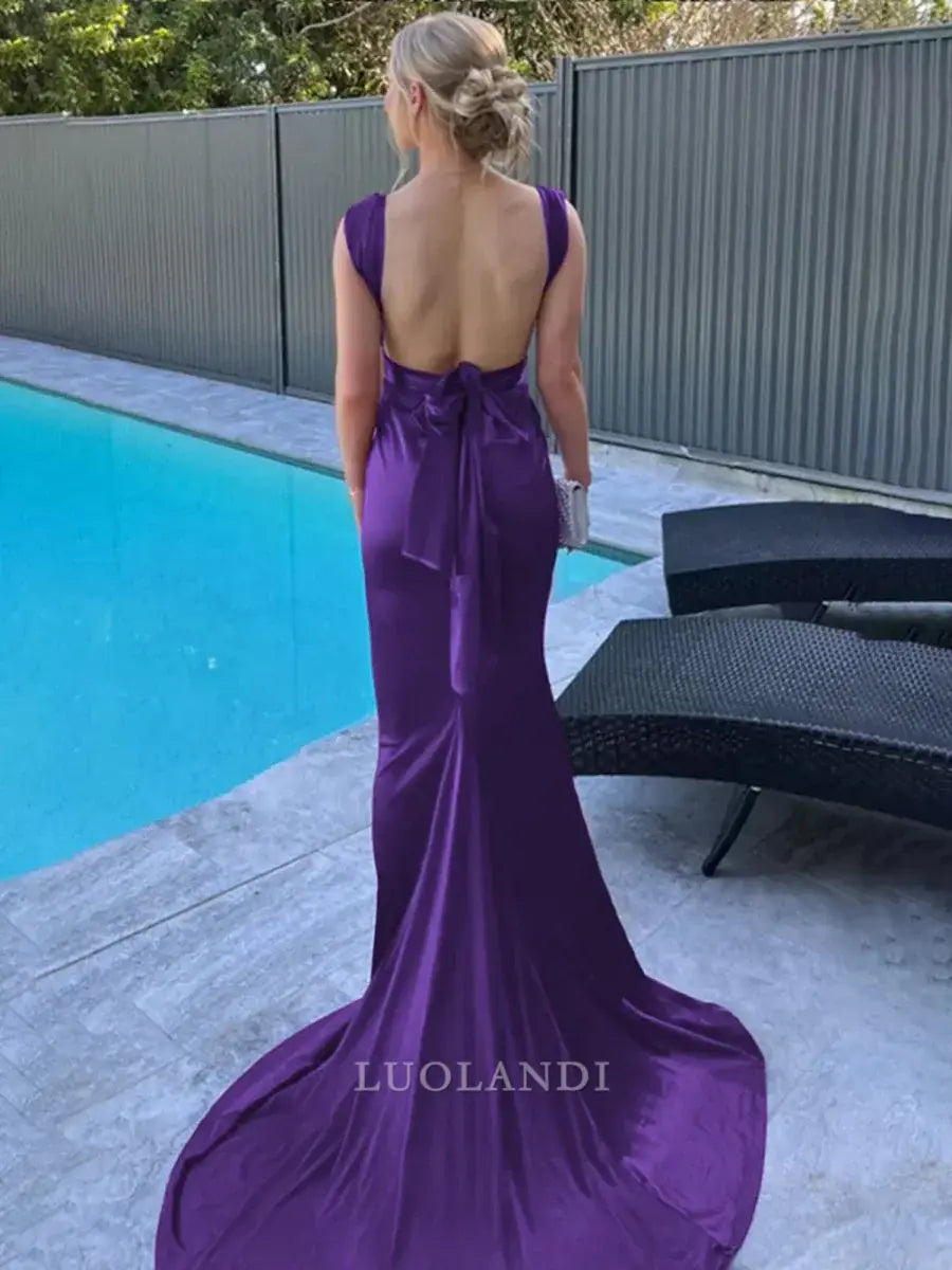 Luolandi Mermaid Straps Sleeveless Satin Long Formal Prom Dress with Train Sexy Evening Gown Elegant Wedding Guest Party Dress