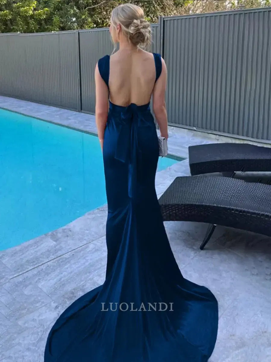 Luolandi Mermaid Straps Sleeveless Satin Long Formal Prom Dress with Train Sexy Evening Gown Elegant Wedding Guest Party Dress