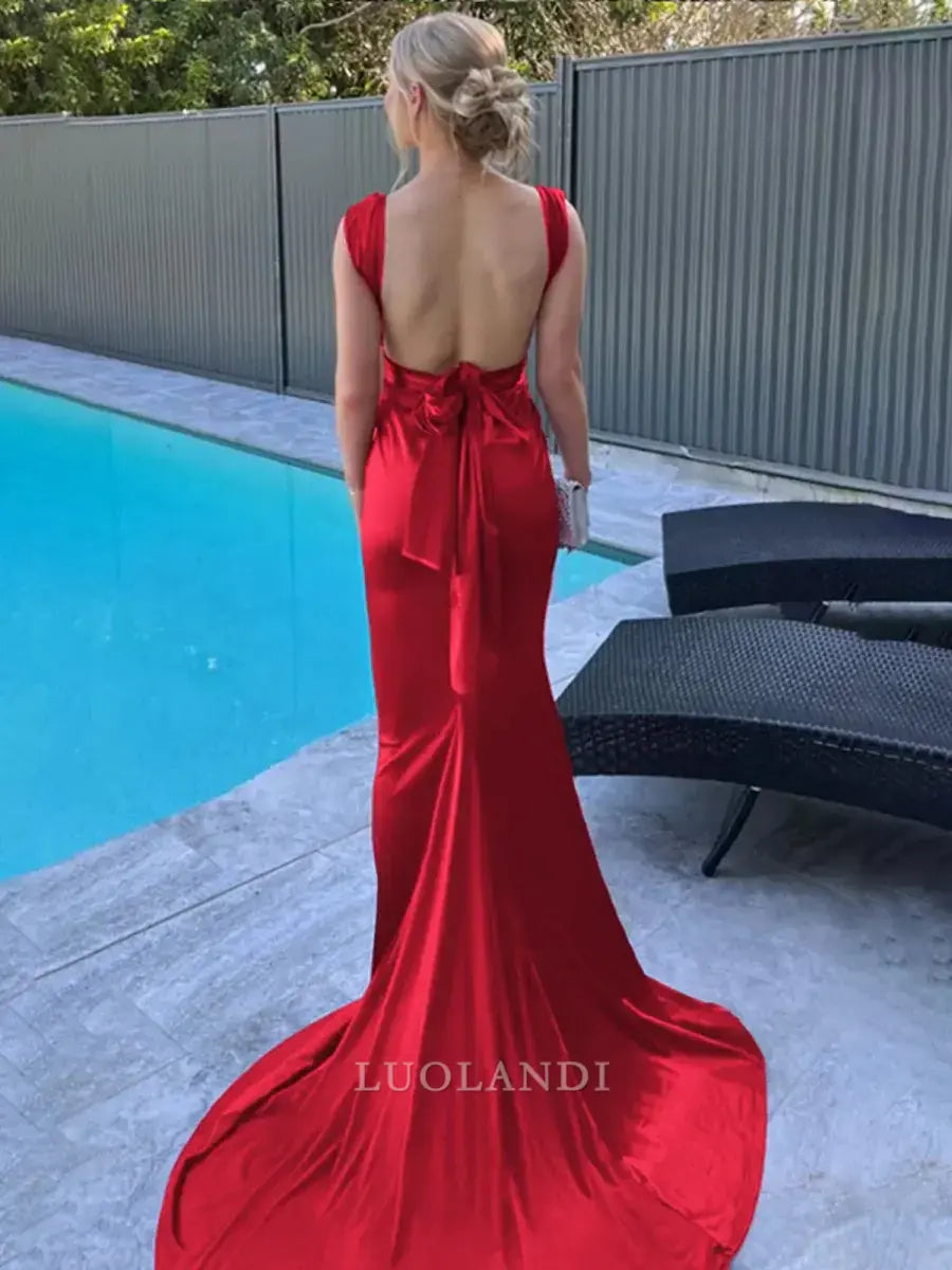 Luolandi Mermaid Straps Sleeveless Satin Long Formal Prom Dress with Train Sexy Evening Gown Elegant Wedding Guest Party Dress