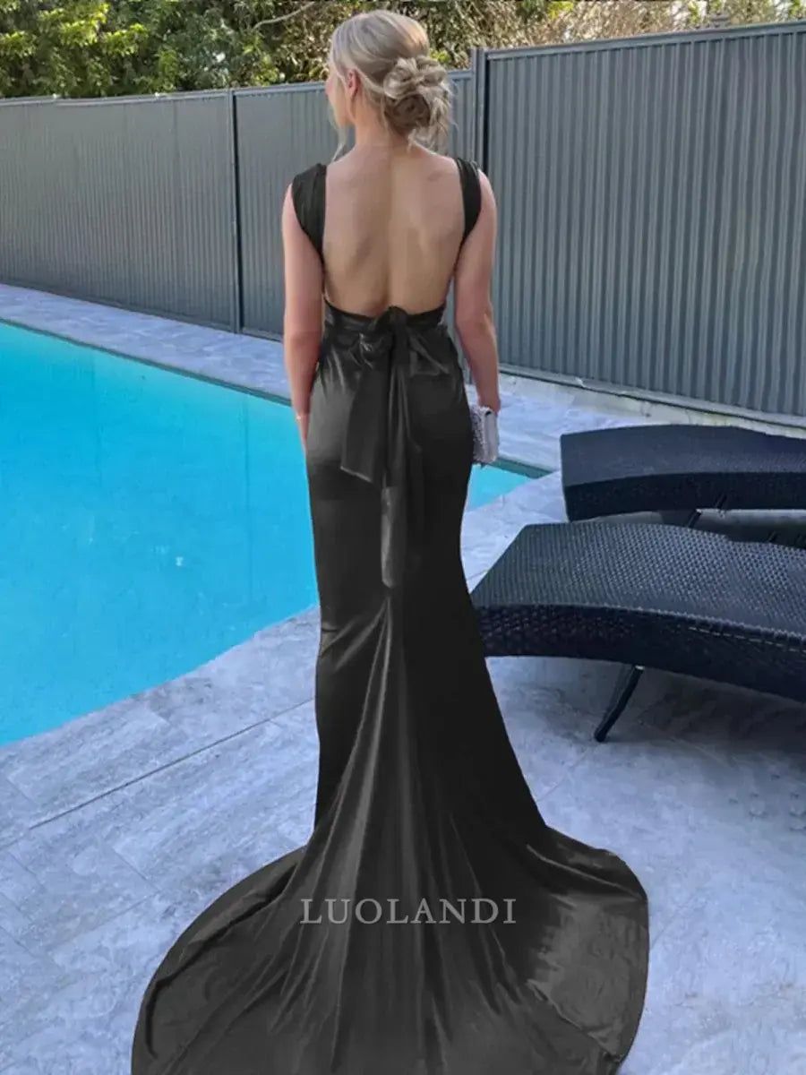 Luolandi Mermaid Straps Sleeveless Satin Long Formal Prom Dress with Train Sexy Evening Gown Elegant Wedding Guest Party Dress