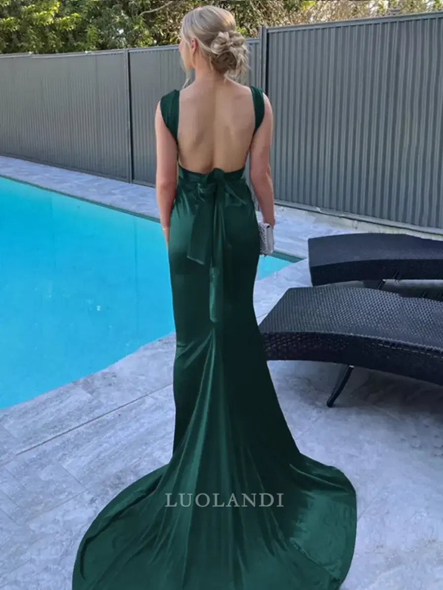 Luolandi Mermaid Straps Sleeveless Satin Long Formal Prom Dress with Train Sexy Evening Gown Elegant Wedding Guest Party Dress