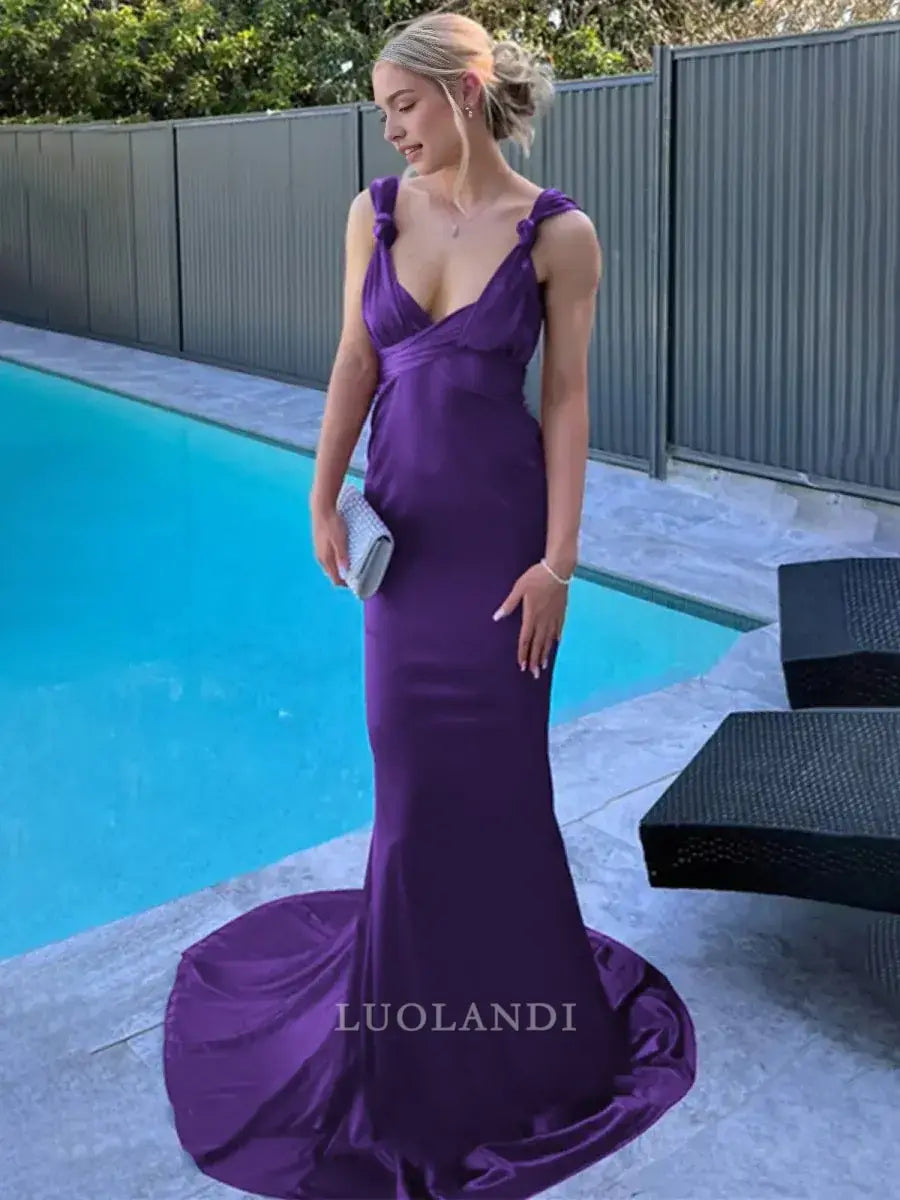 Luolandi Mermaid Straps Sleeveless Satin Long Formal Prom Dress with Train Sexy Evening Gown Elegant Wedding Guest Party Dress