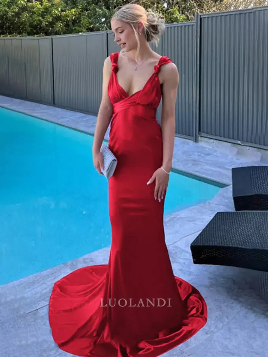 Luolandi Mermaid Straps Sleeveless Satin Long Formal Prom Dress with Train Sexy Evening Gown Elegant Wedding Guest Party Dress