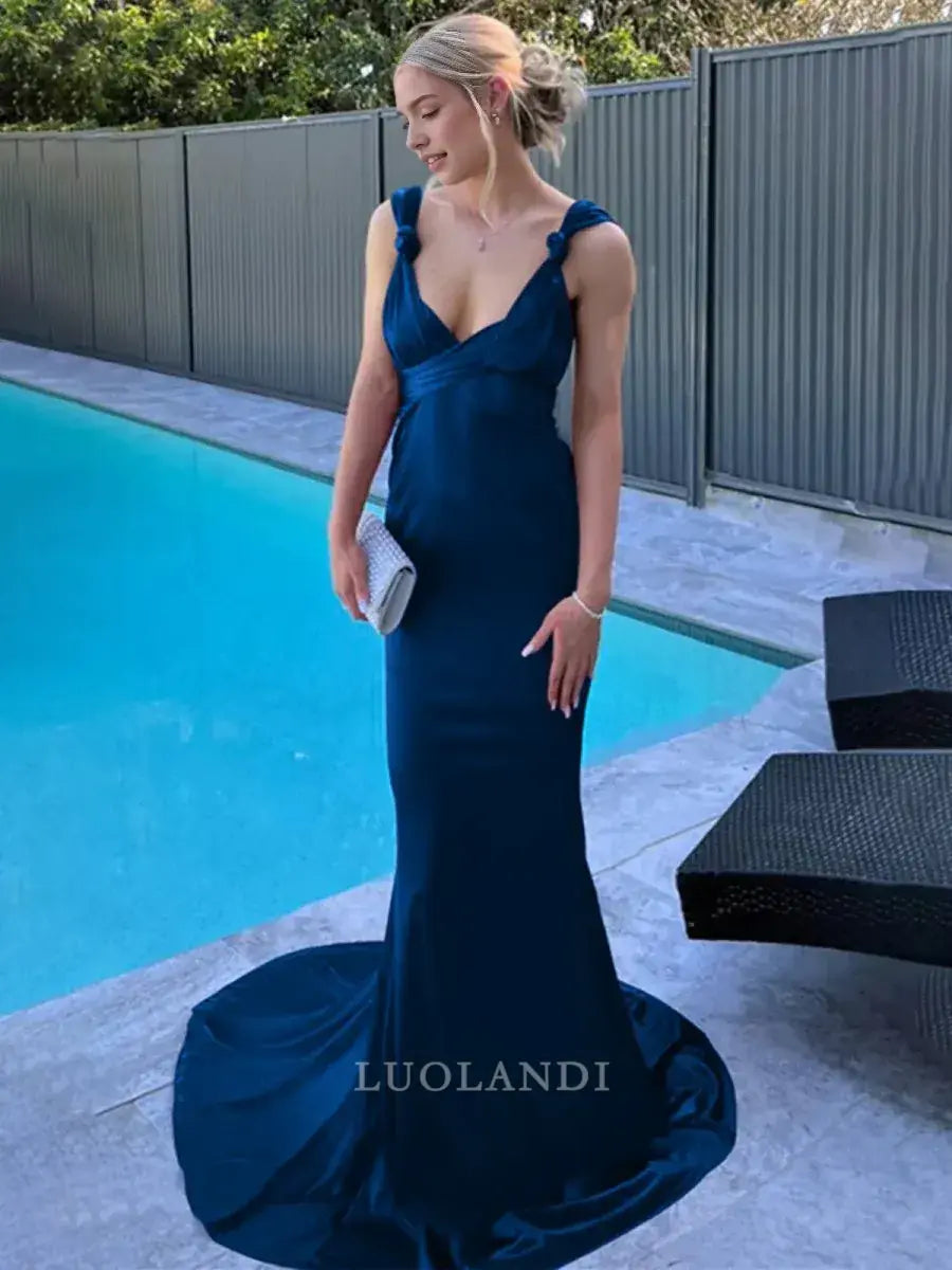 Luolandi Mermaid Straps Sleeveless Satin Long Formal Prom Dress with Train Sexy Evening Gown Elegant Wedding Guest Party Dress