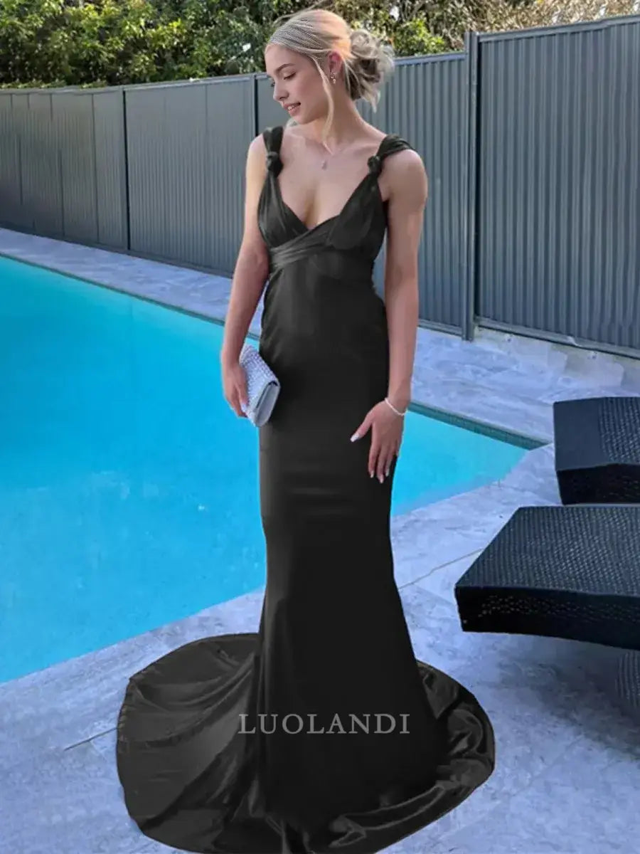 Luolandi Mermaid Straps Sleeveless Satin Long Formal Prom Dress with Train Sexy Evening Gown Elegant Wedding Guest Party Dress