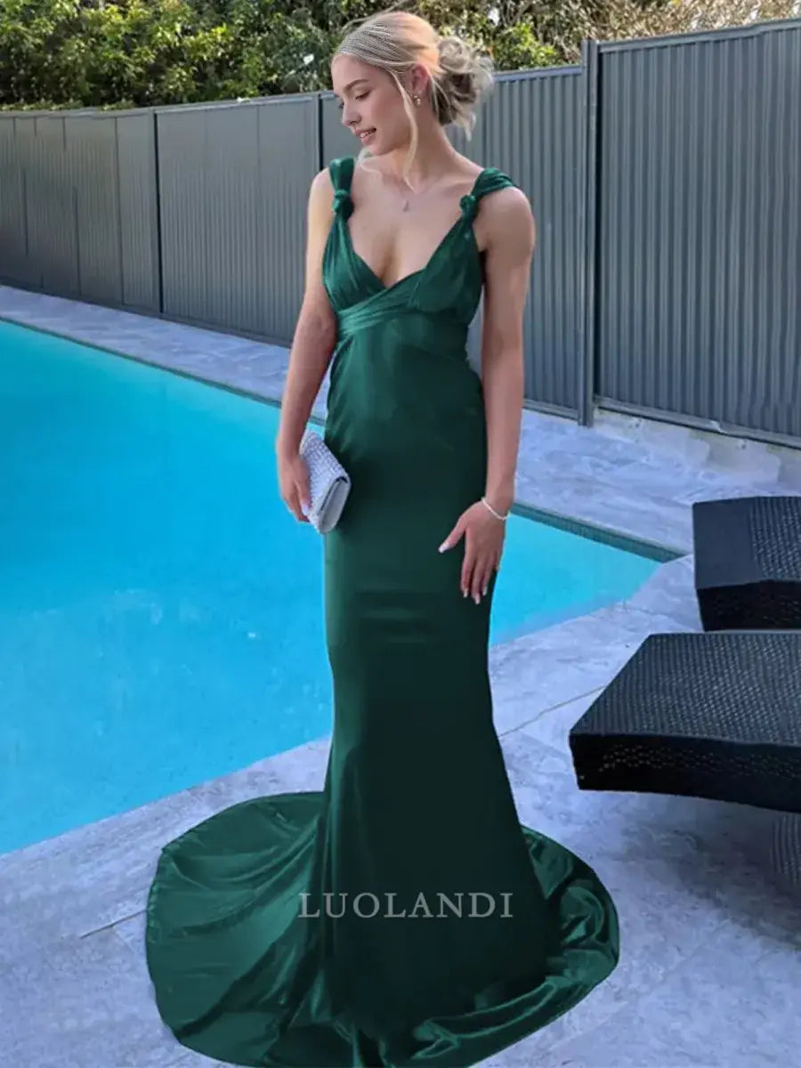 Luolandi Mermaid Straps Sleeveless Satin Long Formal Prom Dress with Train Sexy Evening Gown Elegant Wedding Guest Party Dress