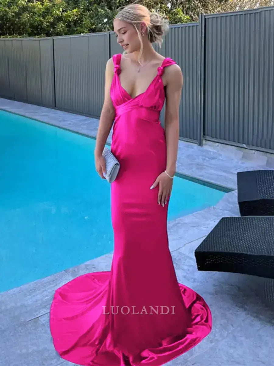 Luolandi Mermaid Straps Sleeveless Satin Long Formal Prom Dress with Train Sexy Evening Gown Elegant Wedding Guest Party Dress