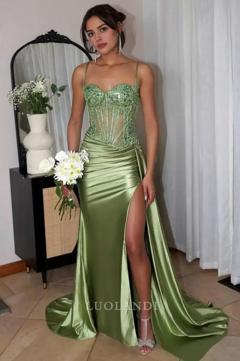 Luolandi Mermaid Sweetheart Spaghetti Straps Long Formal Prom Dress with Appliques Charming Evening Gown Sexy Party Dress