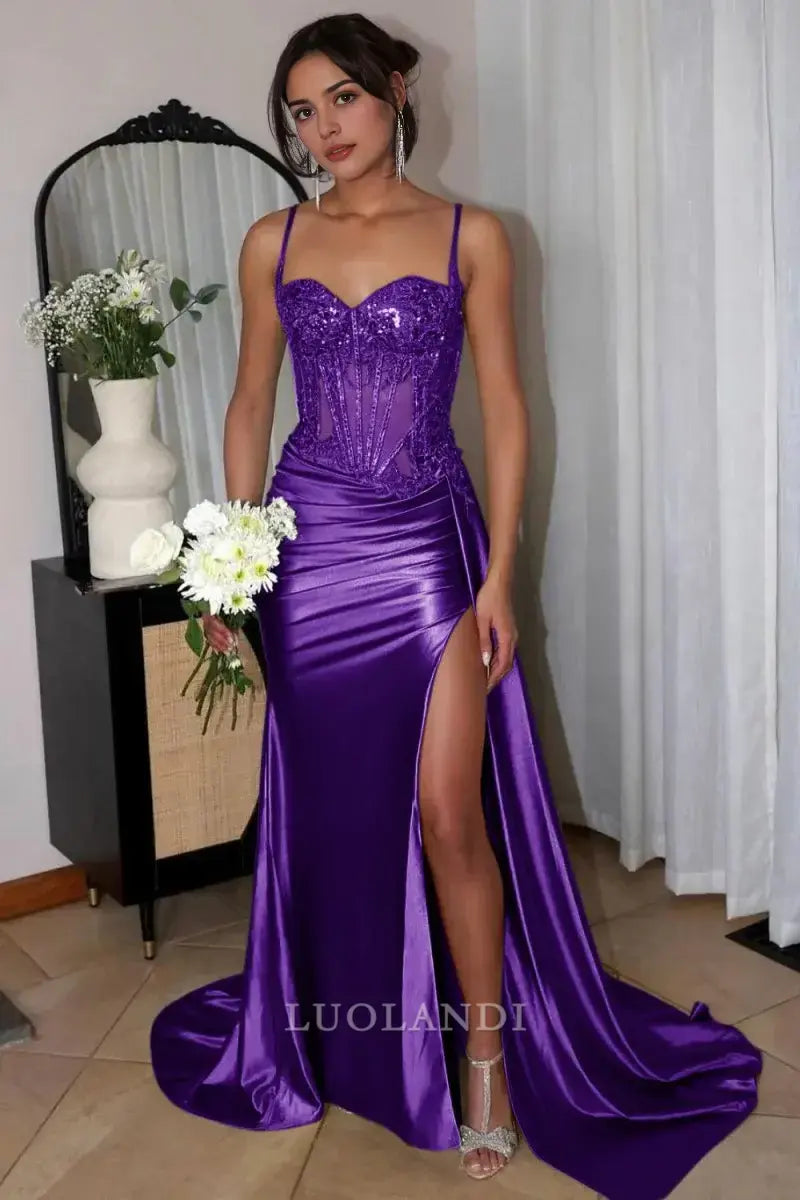 Luolandi Mermaid Sweetheart Spaghetti Straps Long Formal Prom Dress with Appliques Charming Evening Gown Sexy Party Dress