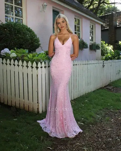Luolandi Mermaid V-neck Sleeveless Long Formal Prom Dress Charming Evening Party Gown Lace Wedding Guest Dress