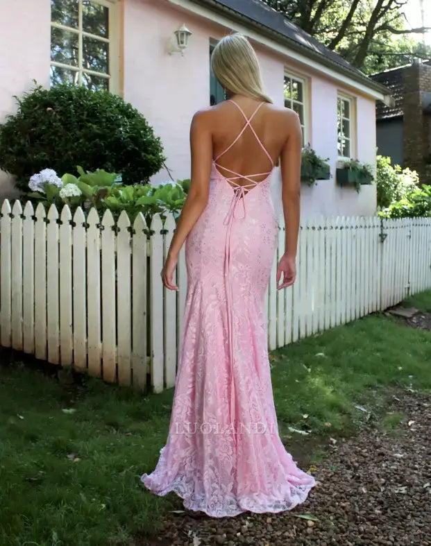 Luolandi Mermaid V-neck Sleeveless Long Formal Prom Dress Charming Evening Party Gown Lace Wedding Guest Dress