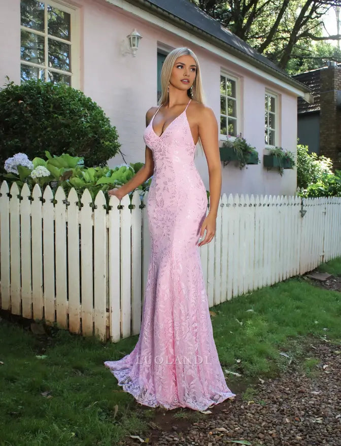 Luolandi Mermaid V-neck Sleeveless Long Formal Prom Dress Charming Evening Party Gown Lace Wedding Guest Dress