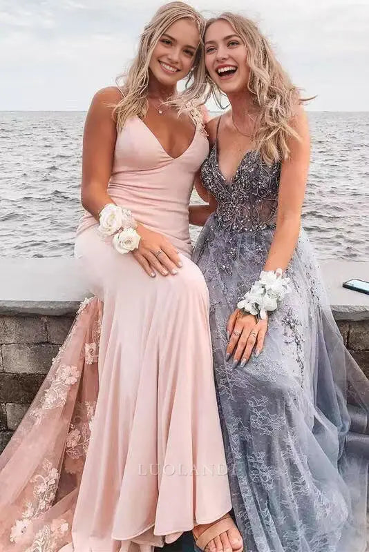 Luolandi Mermaid V-neck Sleeveless Long Formal Prom Dress with Appliques Charming Party Evening Gowns Elegant Graduation Dress