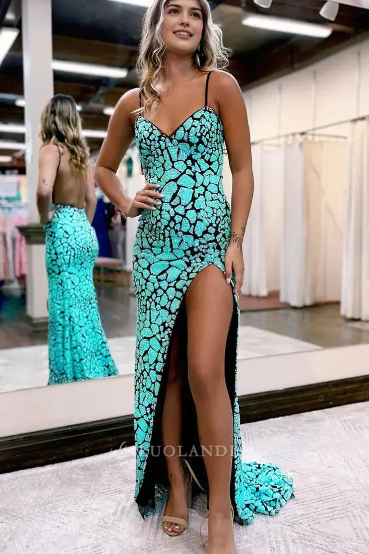 Luolandi Mermaid V Neck Long Formal Prom Dresses with Slit Charming Graduation Dress Chic Party Evening Gowns