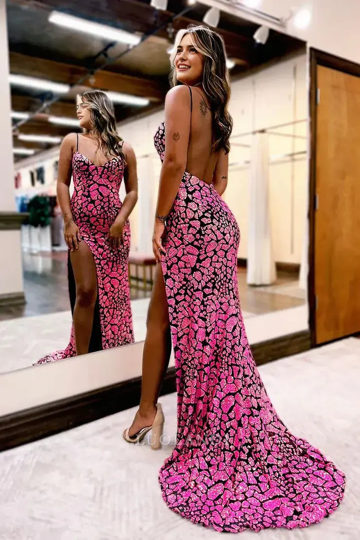 Luolandi Mermaid V Neck Long Formal Prom Dresses with Slit Charming Graduation Dress Chic Party Evening Gowns