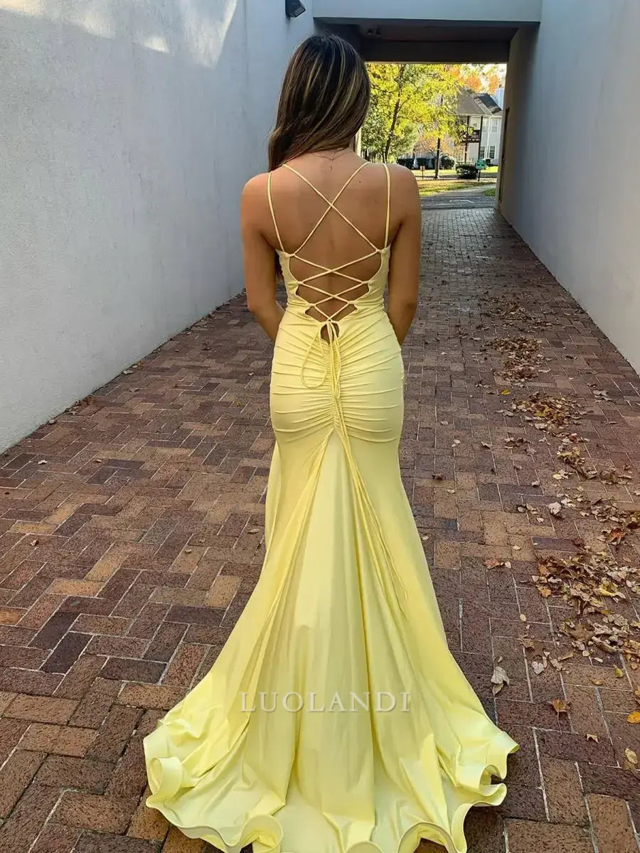 Luolandi Mermaid Yellow Spaghetti Straps Long Formal Prom Dress With Slit Sexy Graduation Dress Elegant Sleeveless Party Evening Gowns
